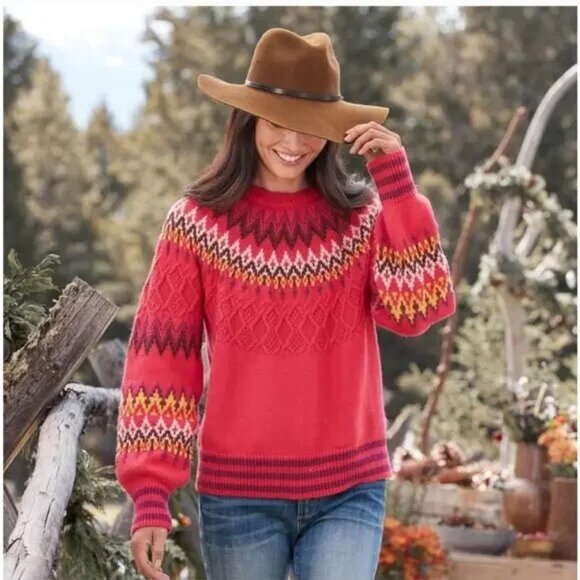 Sundance Sweaters - Sundance Rhian Fair Isle Wool Cotton Blend Sweater Red | Size S